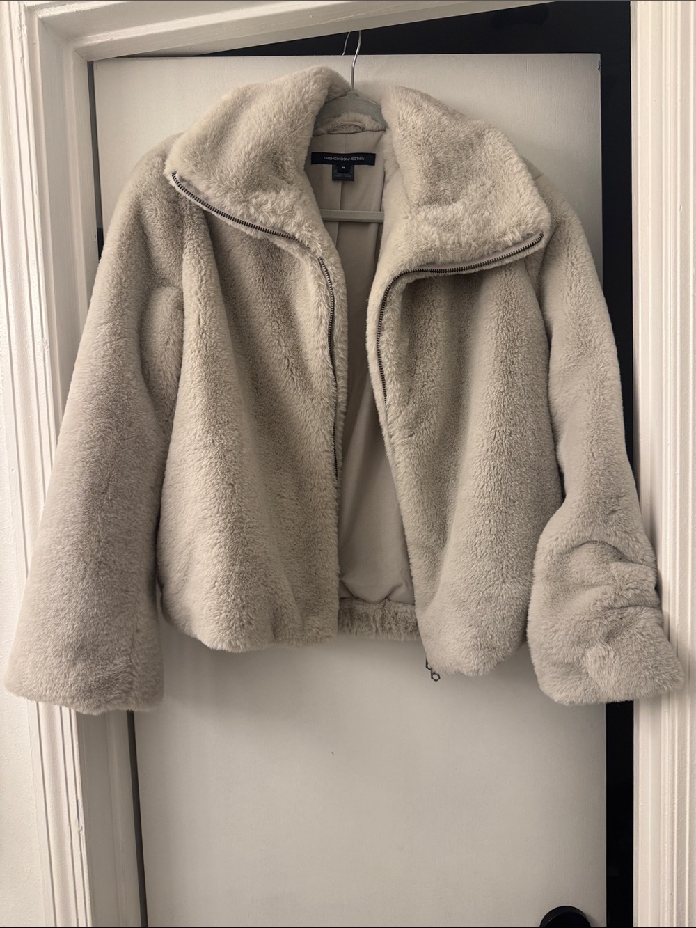 French Connection Plush Zip-Front Teddy Jacket - Light Cream